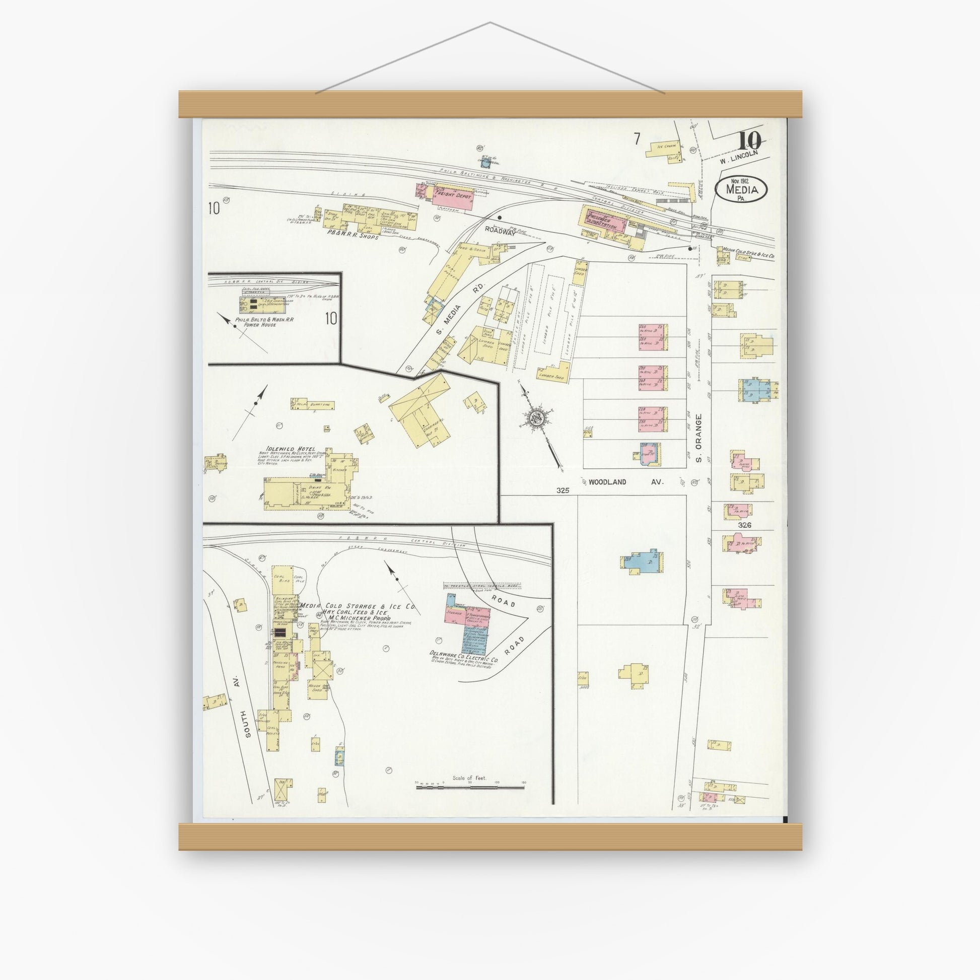 Old map wall art mockup — magnetic wood frame on white wall — Sanborn Fire Insurance Map from Media, Delaware County, Pennsylvania (1912), Sheet #0010