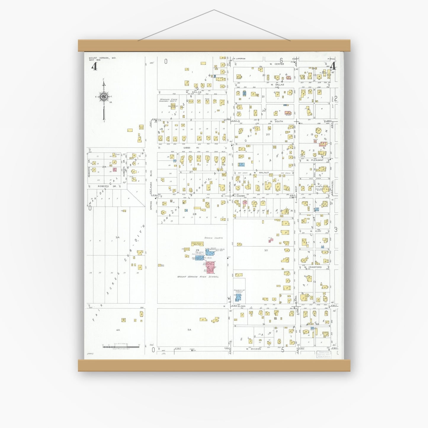Old map wall art mockup — magnetic wood frame on white wall — Sanborn Fire Insurance Map from Mount Vernon, Lawrence County, Missouri (1951), Sheet #0004
