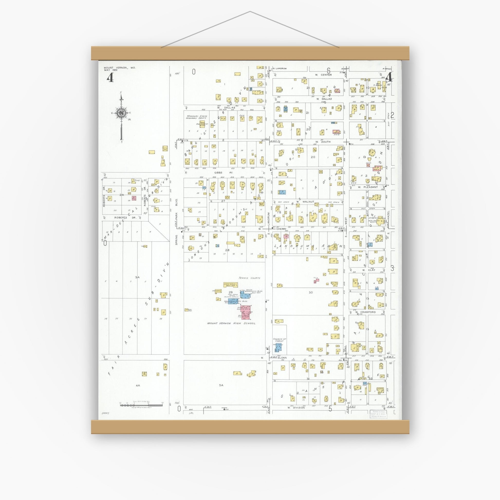 Old map wall art mockup — magnetic wood frame on white wall — Sanborn Fire Insurance Map from Mount Vernon, Lawrence County, Missouri (1951), Sheet #0004