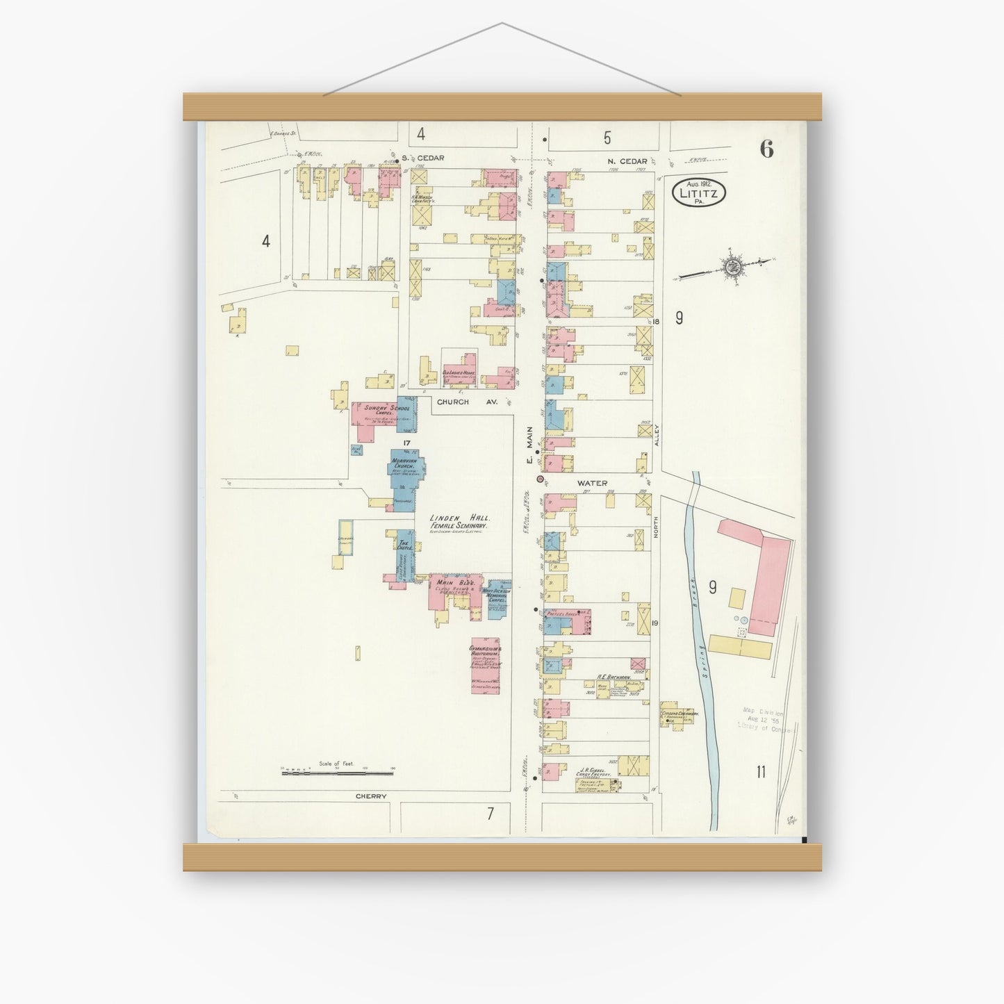 Old map wall art mockup — magnetic wood frame on white wall — Sanborn Fire Insurance Map from Lititz, Lancaster County, Pennsylvania (1912), Sheet #0006