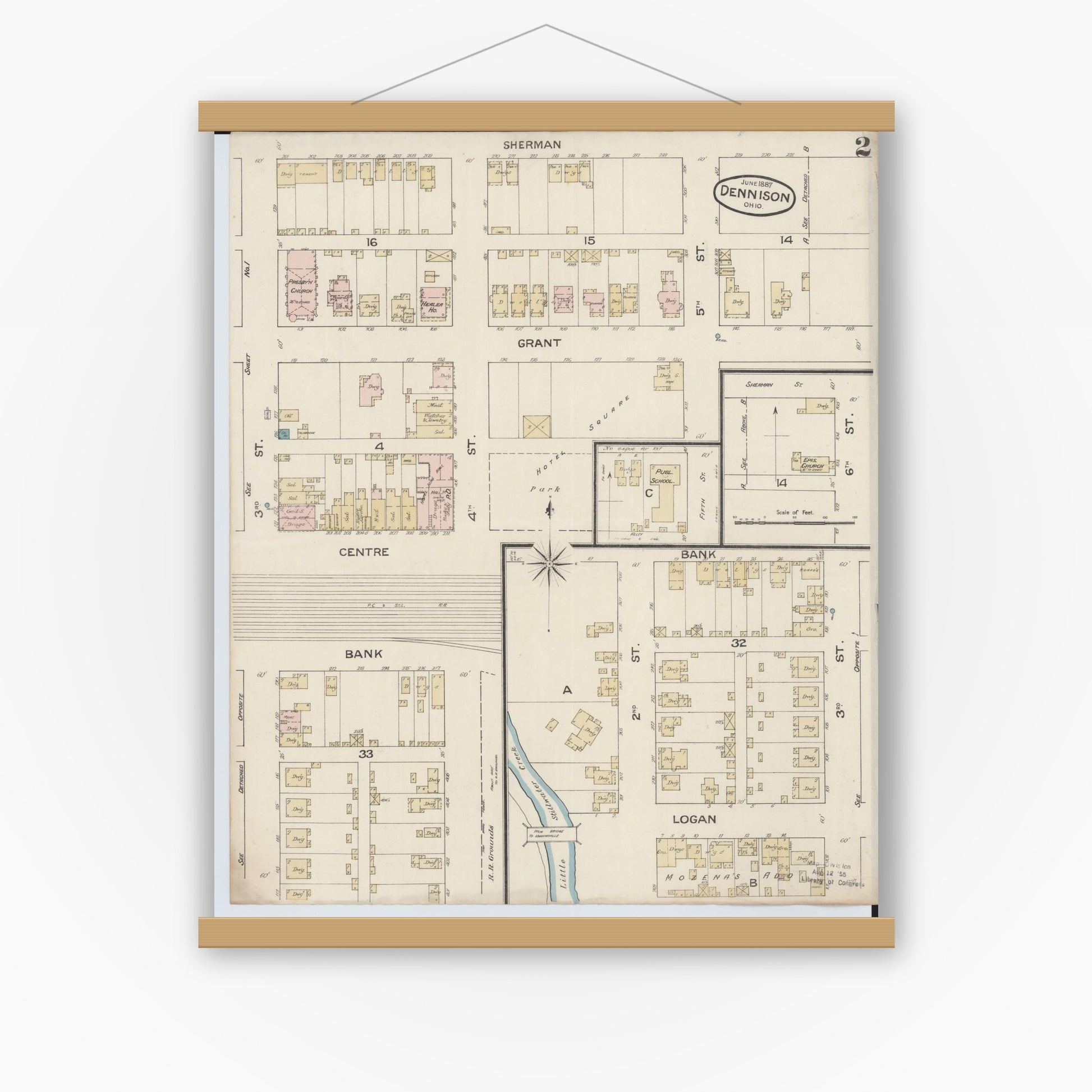 Old map wall art mockup — magnetic wood frame on white wall — Sanborn Fire Insurance Map from Dennison, Tuscarawas County, Ohio (1887), Sheet #0002