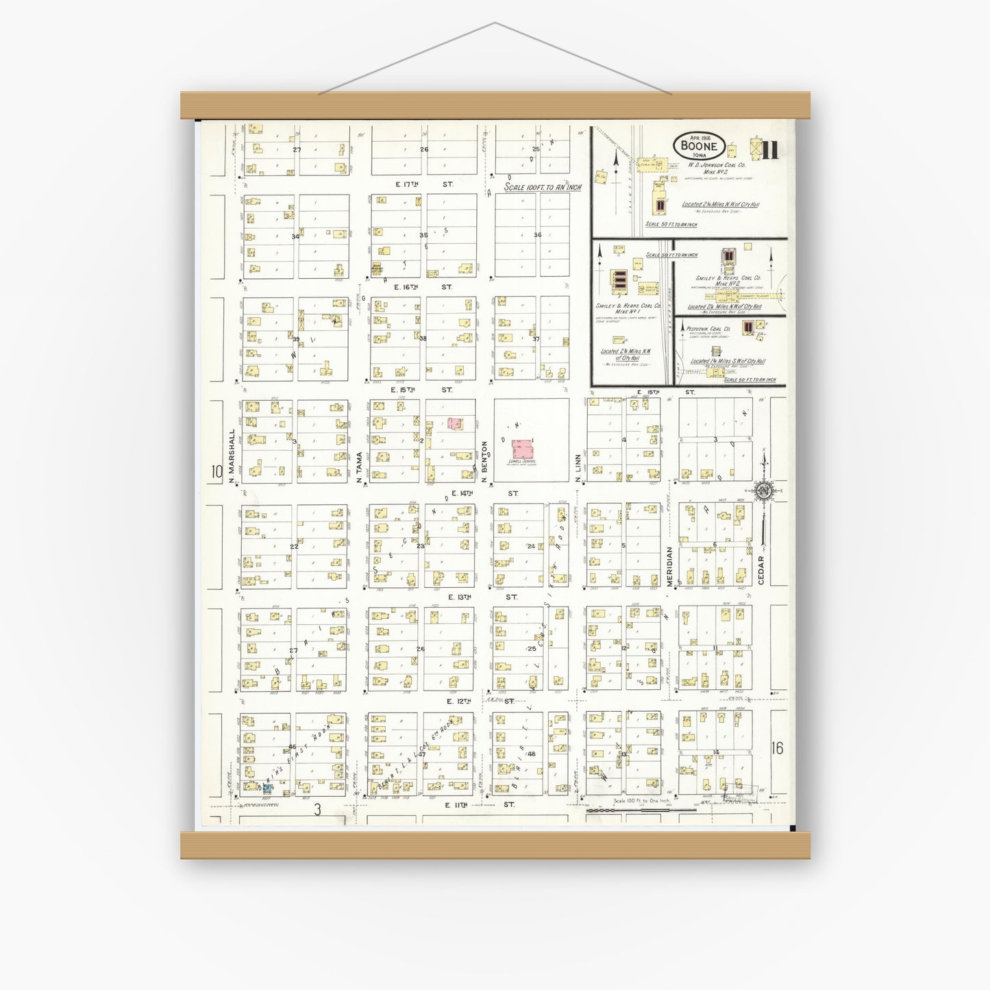 Old map wall art mockup — magnetic wood frame on white wall — Sanborn Fire Insurance Map from Boone, Boone County, Iowa (1916), Sheet #0011