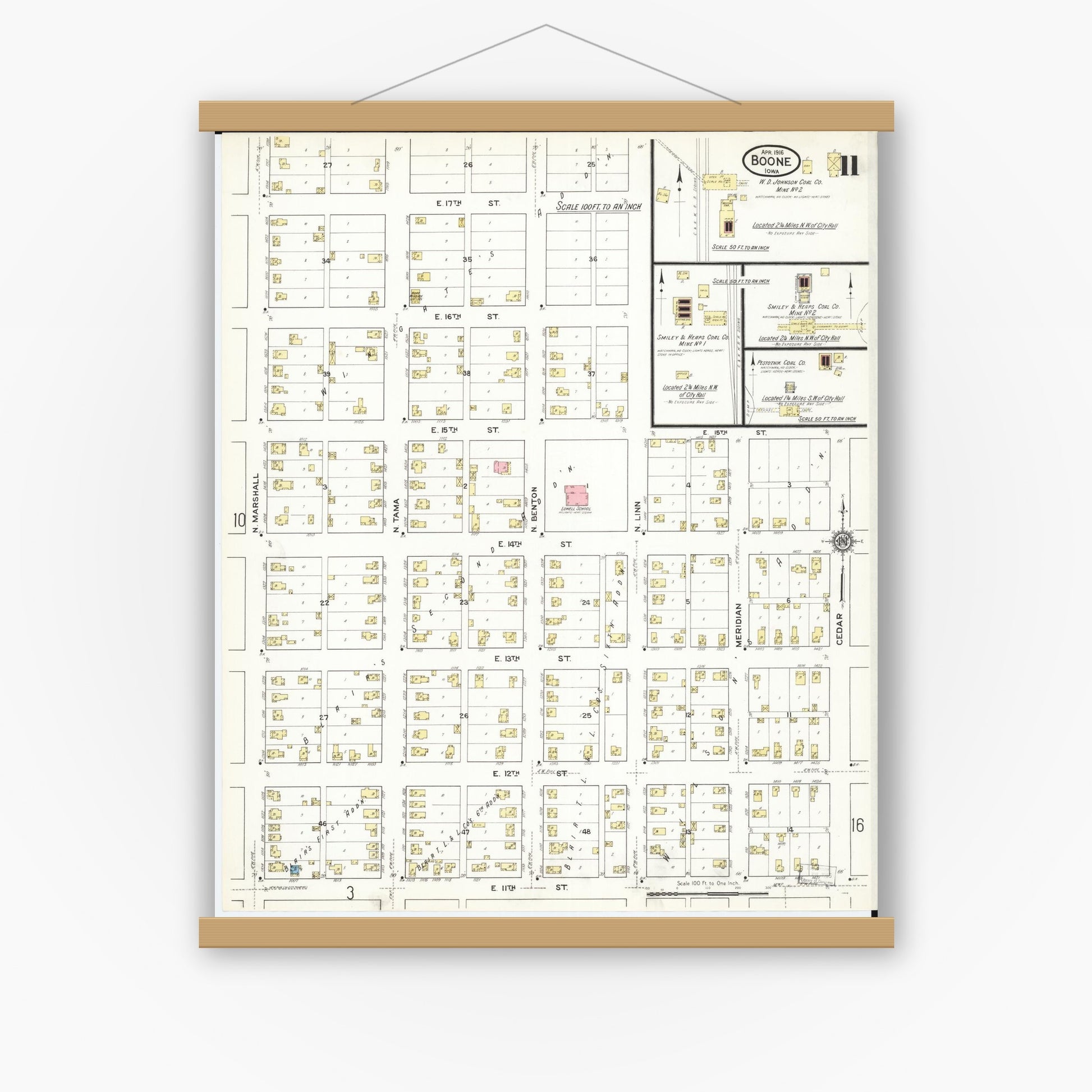 Old map wall art mockup — magnetic wood frame on white wall — Sanborn Fire Insurance Map from Boone, Boone County, Iowa (1916), Sheet #0011