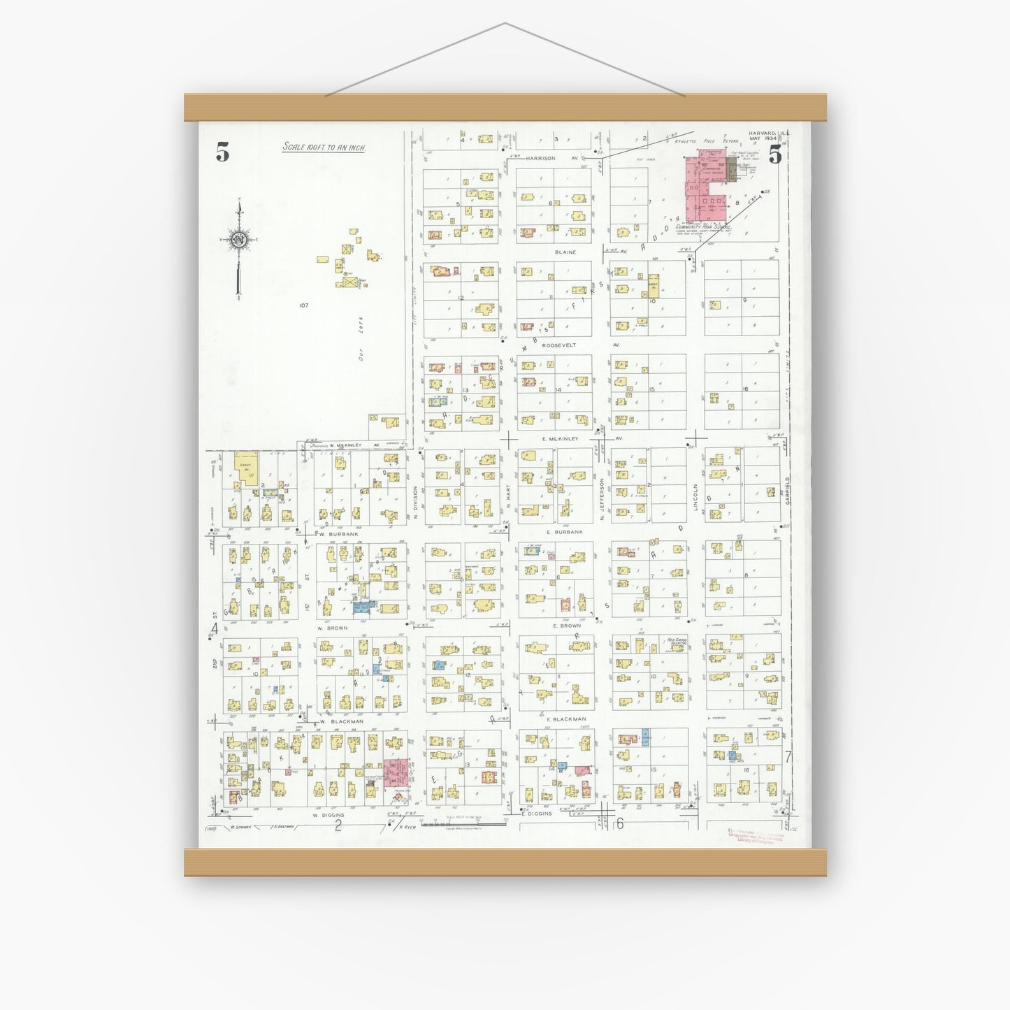 Old map wall art mockup — magnetic wood frame on white wall — Sanborn Fire Insurance Map from Harvard, McHenry County, Illinois (1934), Sheet #0005