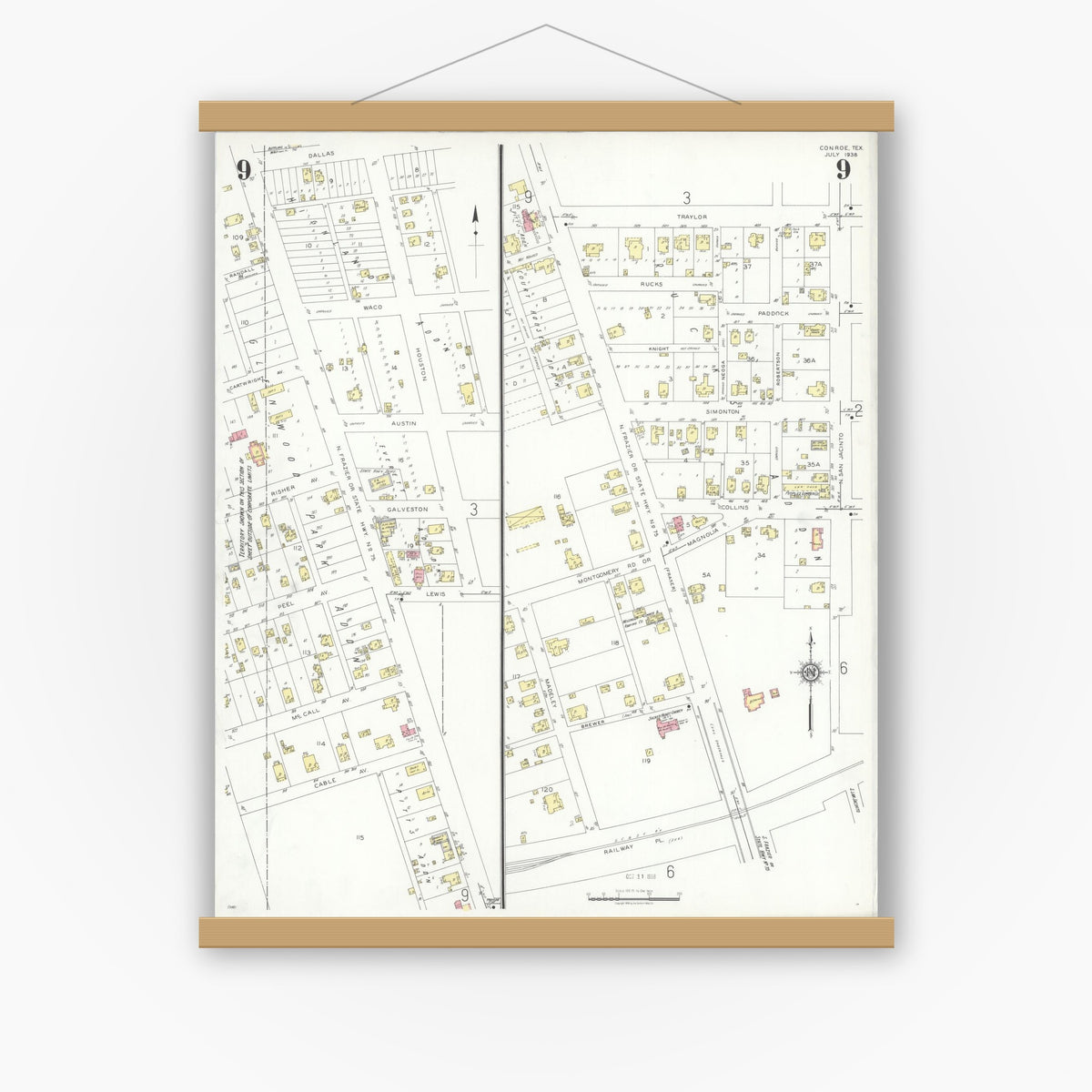 Old map wall art mockup — magnetic wood frame on white wall — Sanborn Fire Insurance Map from Conroe, Montgomery County, Texas (1938), Sheet #0009