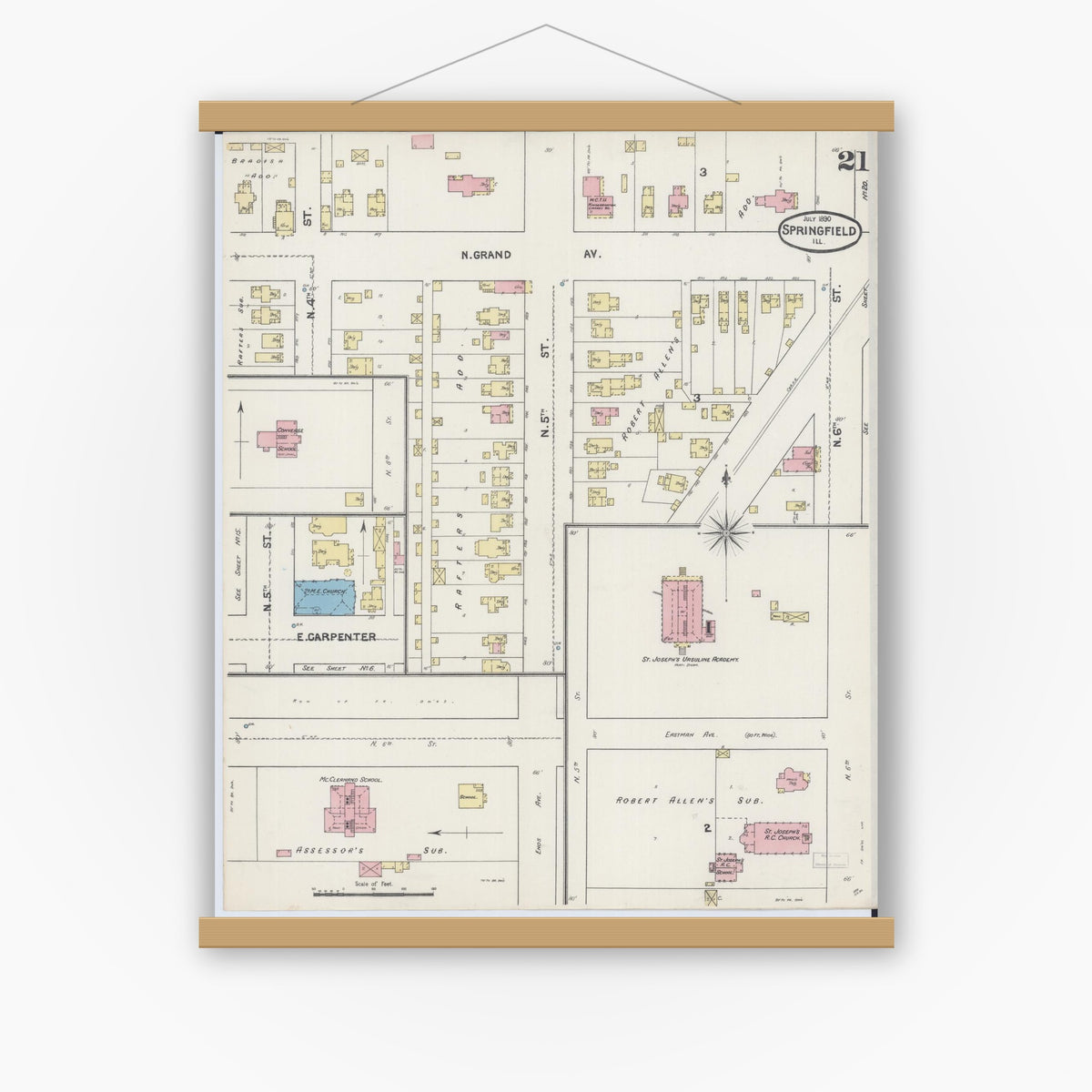 Old map wall art mockup — magnetic wood frame on white wall — Sanborn Fire Insurance Map from Springfield, Sangamon County, Illinois (1890), Sheet #0021