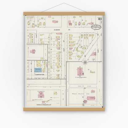 Old map wall art mockup — magnetic wood frame on white wall — Sanborn Fire Insurance Map from Springfield, Sangamon County, Illinois (1890), Sheet #0021