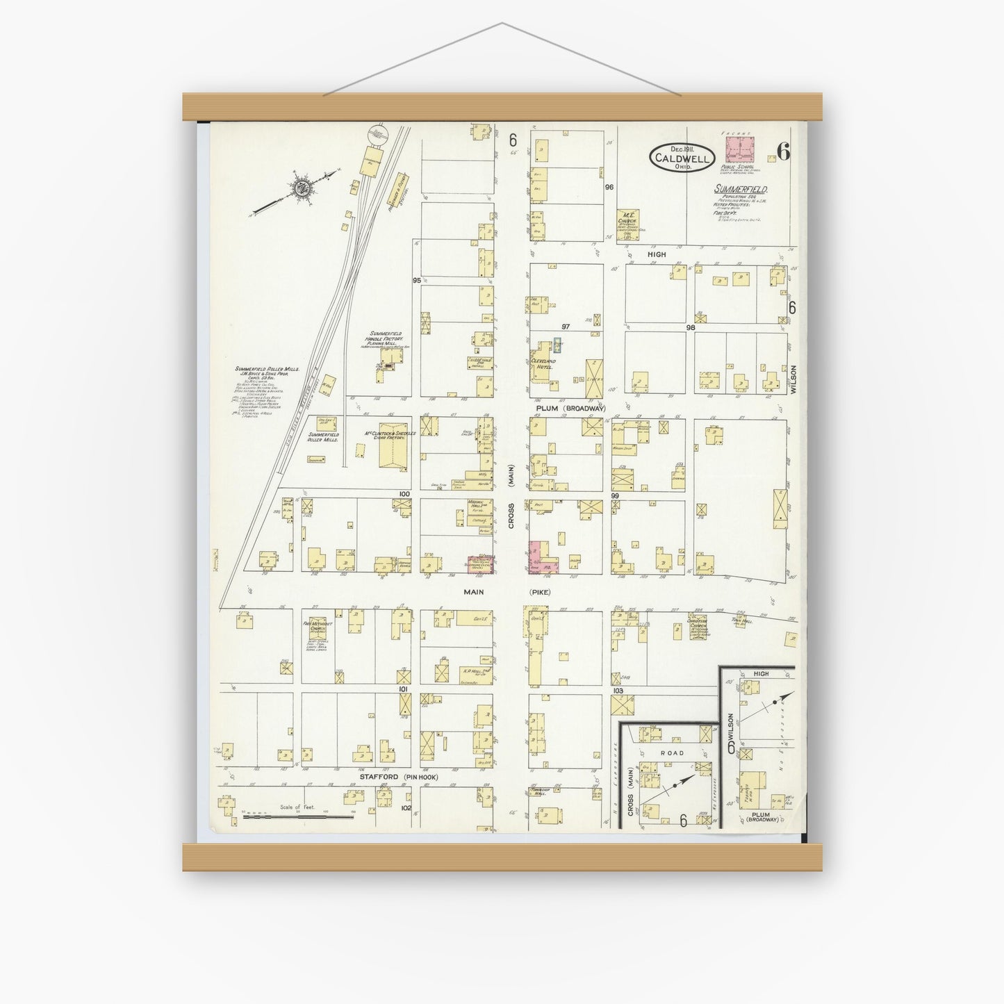 Old map wall art mockup — magnetic wood frame on white wall — Sanborn Fire Insurance Map from Caldwell, Noble County, Ohio (1911), Sheet #0006