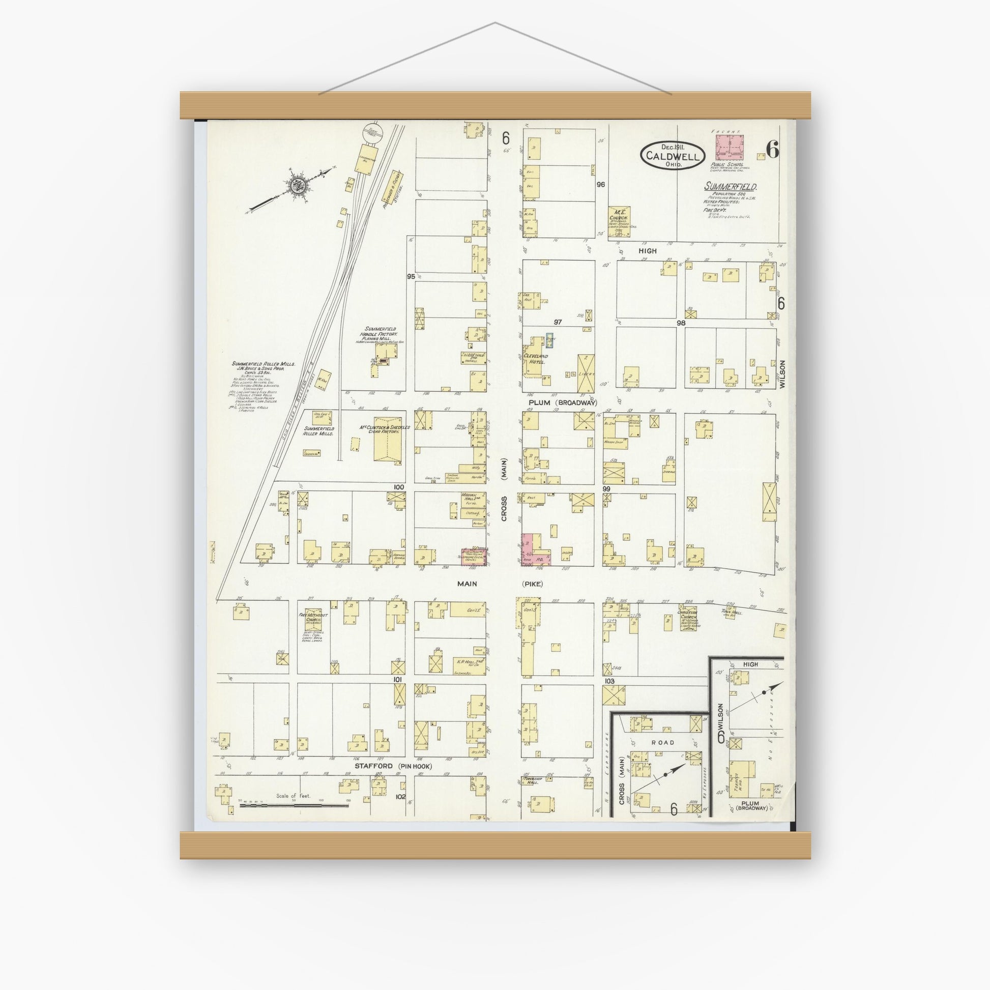 Old map wall art mockup — magnetic wood frame on white wall — Sanborn Fire Insurance Map from Caldwell, Noble County, Ohio (1911), Sheet #0006