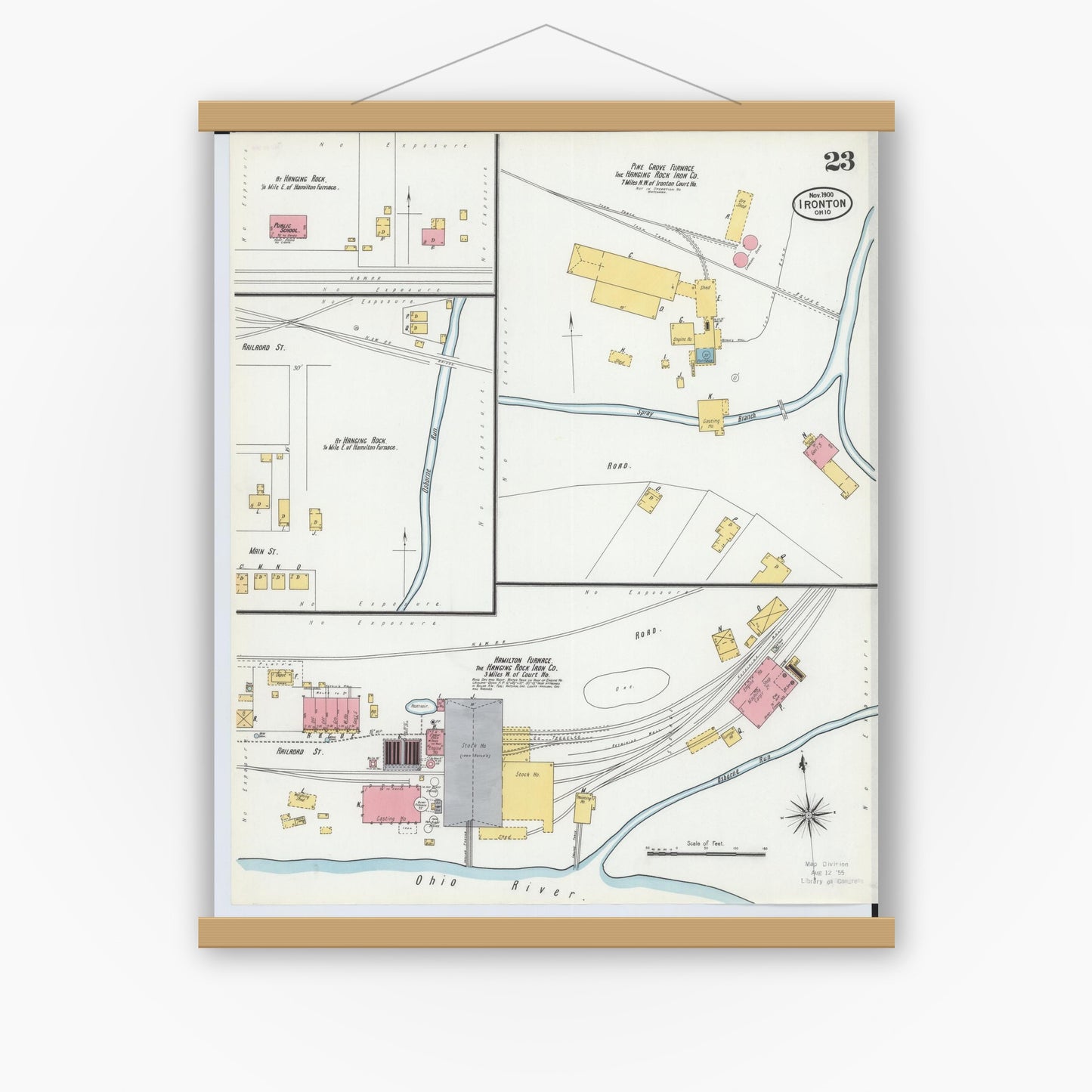 Old map wall art mockup — magnetic wood frame on white wall — Sanborn Fire Insurance Map from Ironton, Lawrence County, Ohio (1900), Sheet #0023