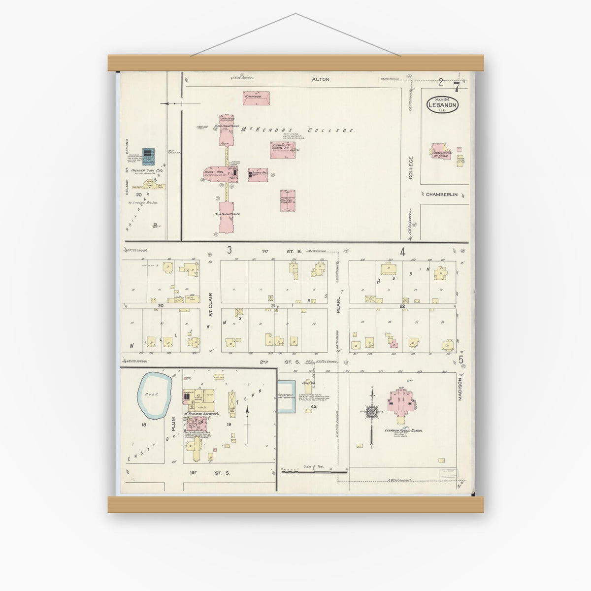 Old map wall art mockup — magnetic wood frame on white wall — Sanborn Fire Insurance Map from Lebanon, Saint Clair County, Illinois (1914), Sheet #0007