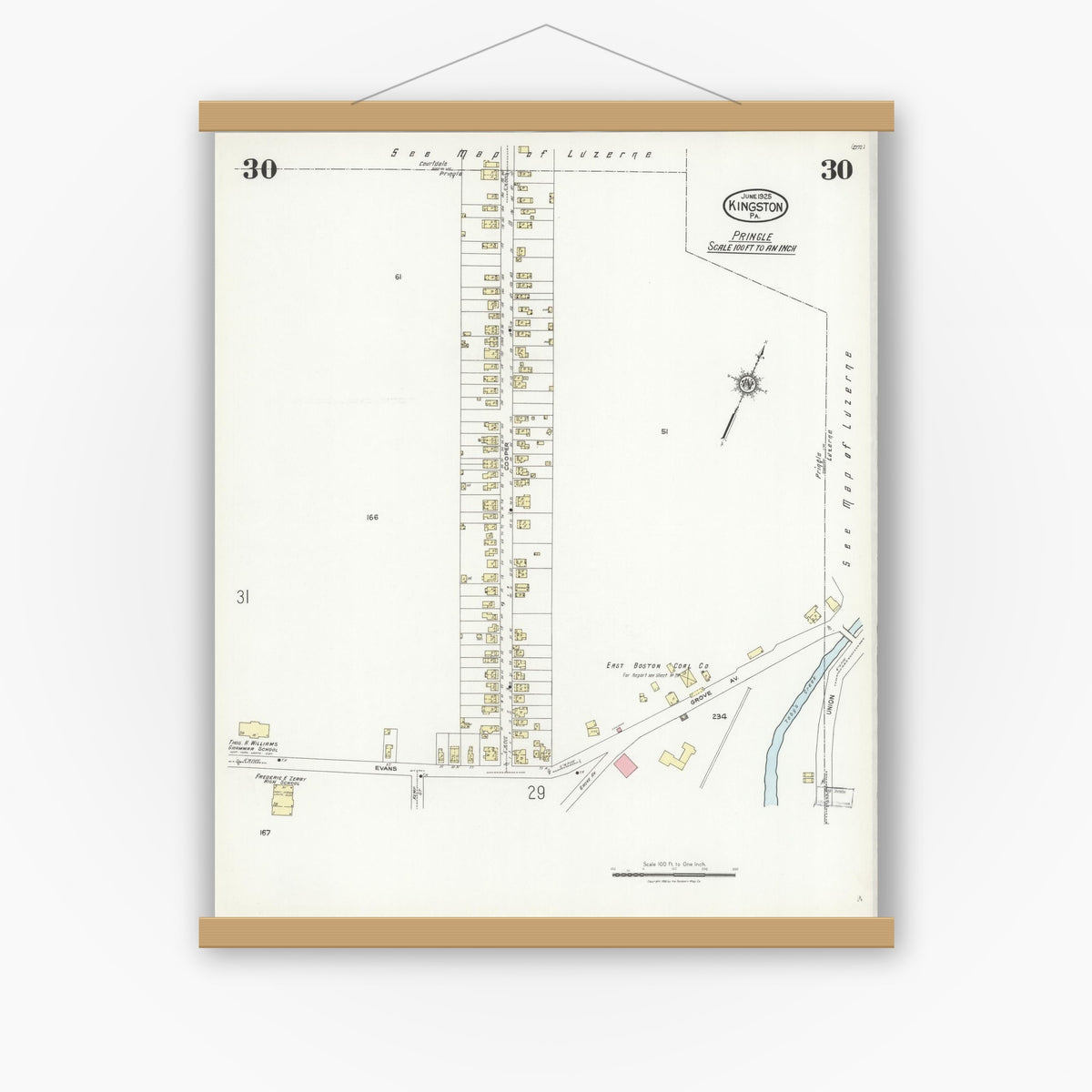 Old map wall art mockup — magnetic wood frame on white wall — Sanborn Fire Insurance Map from Kingston, Luzerne County, Pennsylvania (1925), Sheet #0030