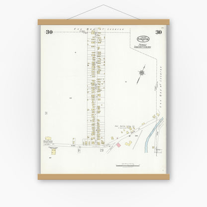 Old map wall art mockup — magnetic wood frame on white wall — Sanborn Fire Insurance Map from Kingston, Luzerne County, Pennsylvania (1925), Sheet #0030