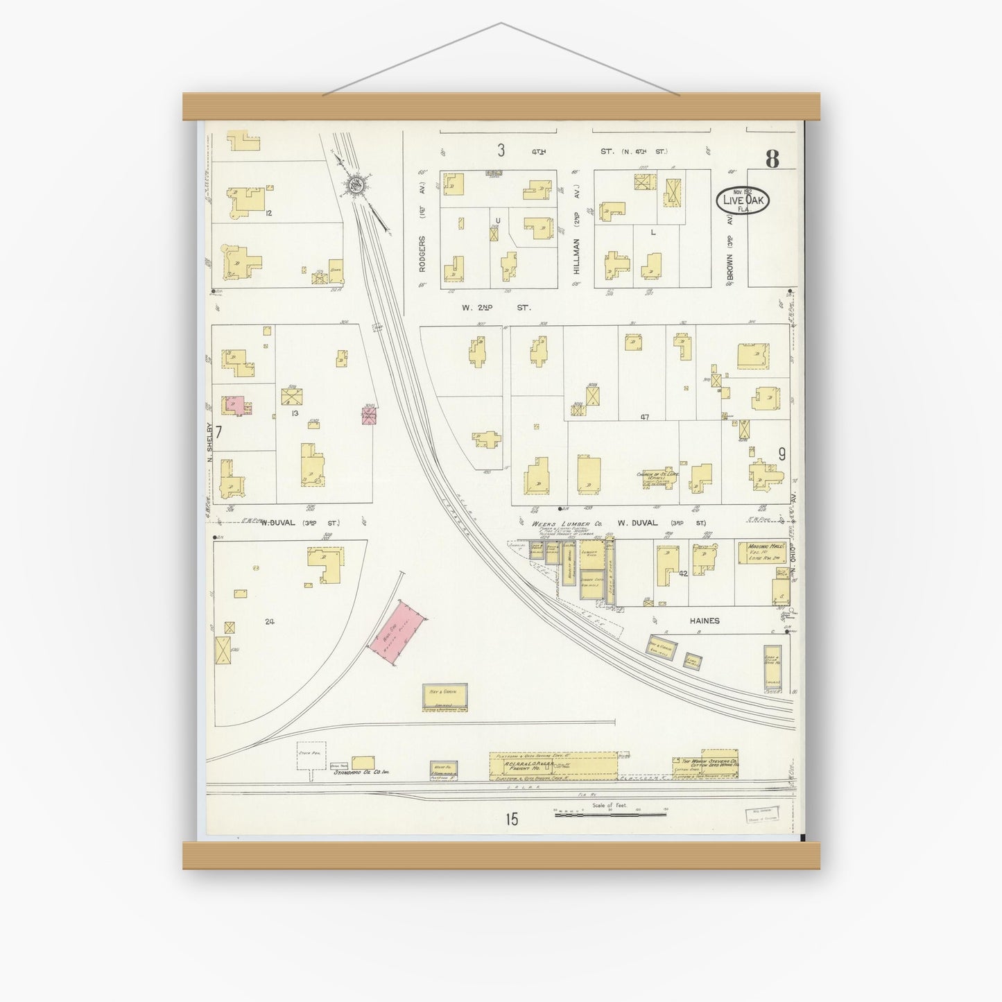 Old map wall art mockup — magnetic wood frame on white wall — Sanborn Fire Insurance Map from Live Oak, Suwanee County, Florida (1912), Sheet #0008