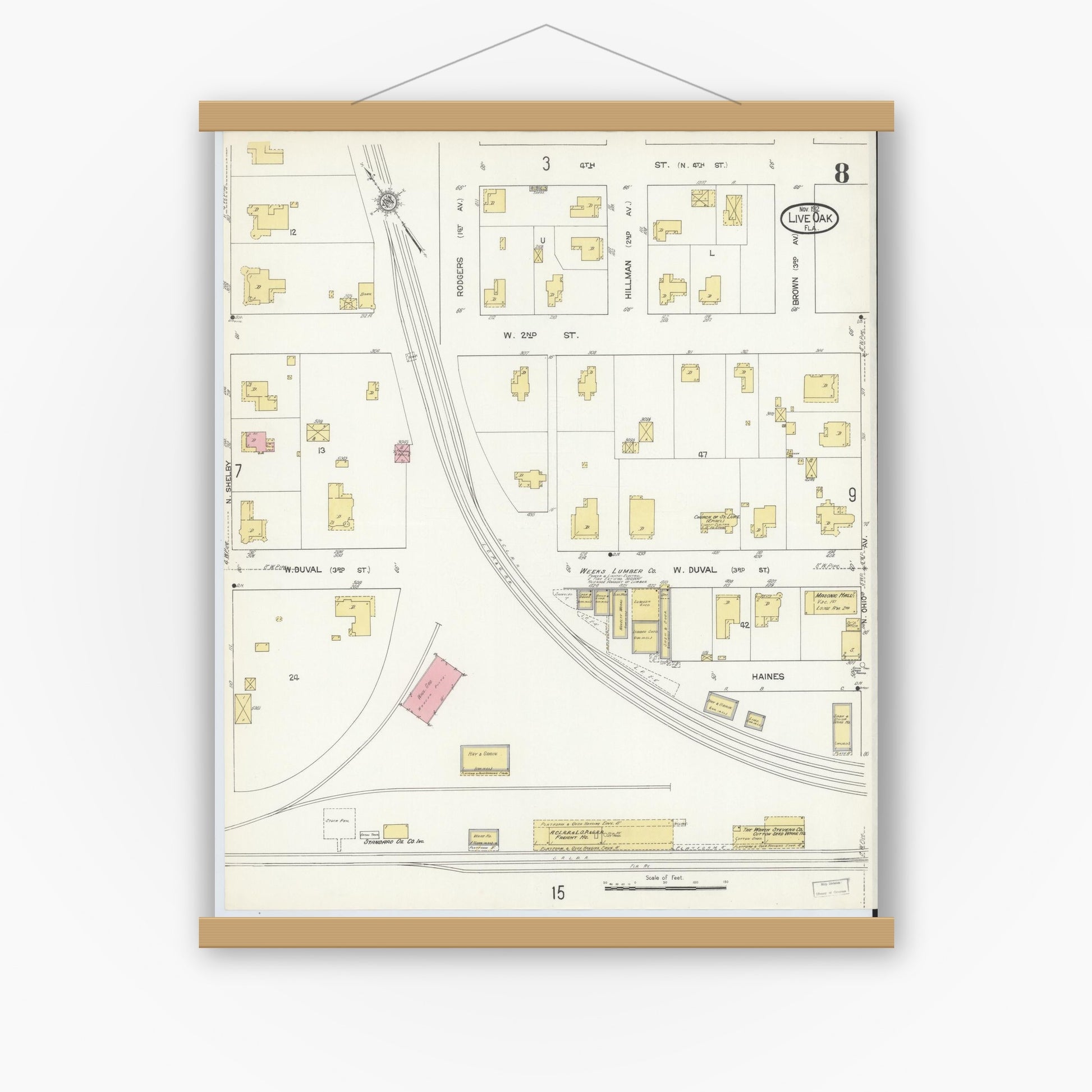 Old map wall art mockup — magnetic wood frame on white wall — Sanborn Fire Insurance Map from Live Oak, Suwanee County, Florida (1912), Sheet #0008