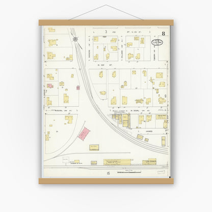 Old map wall art mockup — magnetic wood frame on white wall — Sanborn Fire Insurance Map from Live Oak, Suwanee County, Florida (1912), Sheet #0008