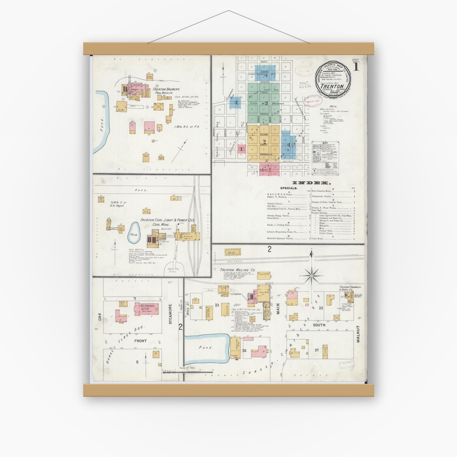 Old map wall art mockup — magnetic wood frame on white wall — Sanborn Fire Insurance Map from Trenton, Clinton County, Illinois (1899) - Complete Map Set