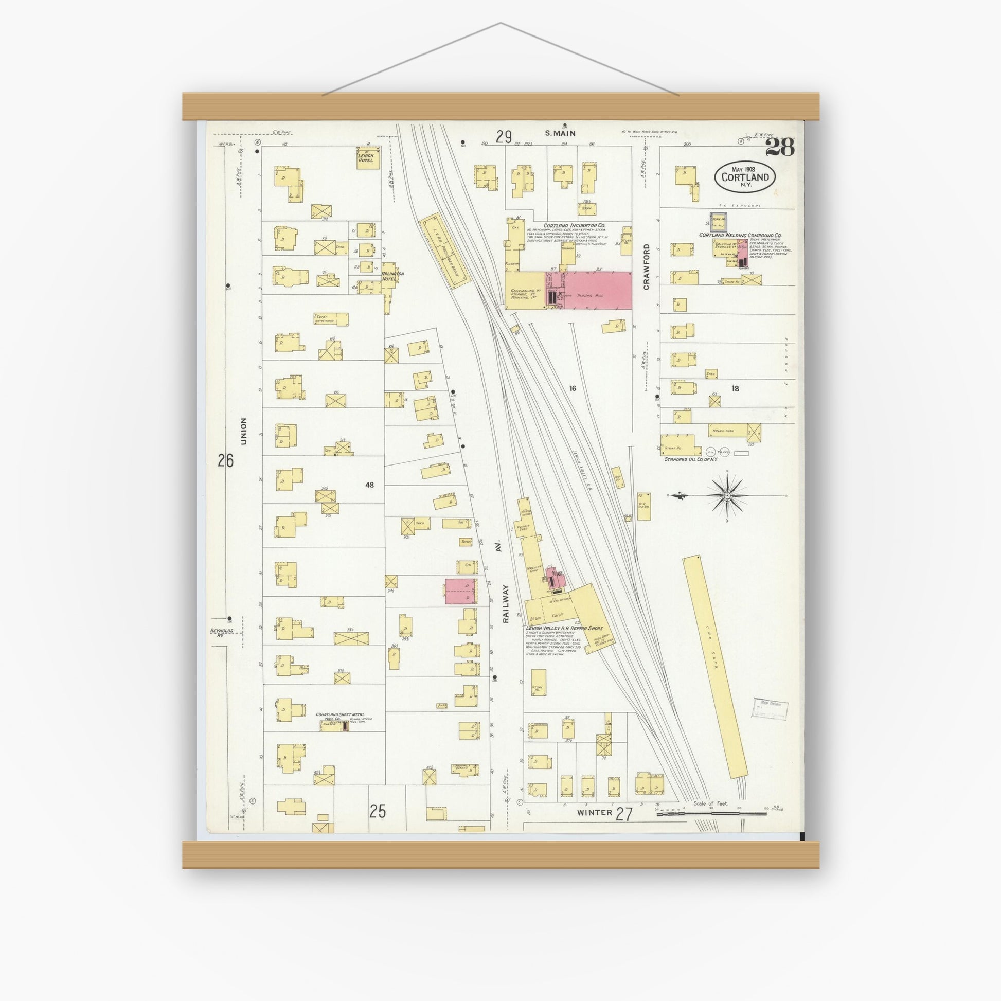 Old map wall art mockup — magnetic wood frame on white wall — Sanborn Fire Insurance Map from Cortland, Cortland County, New York (1908), Sheet #0028