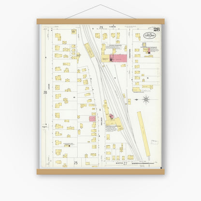 Old map wall art mockup — magnetic wood frame on white wall — Sanborn Fire Insurance Map from Cortland, Cortland County, New York (1908), Sheet #0028