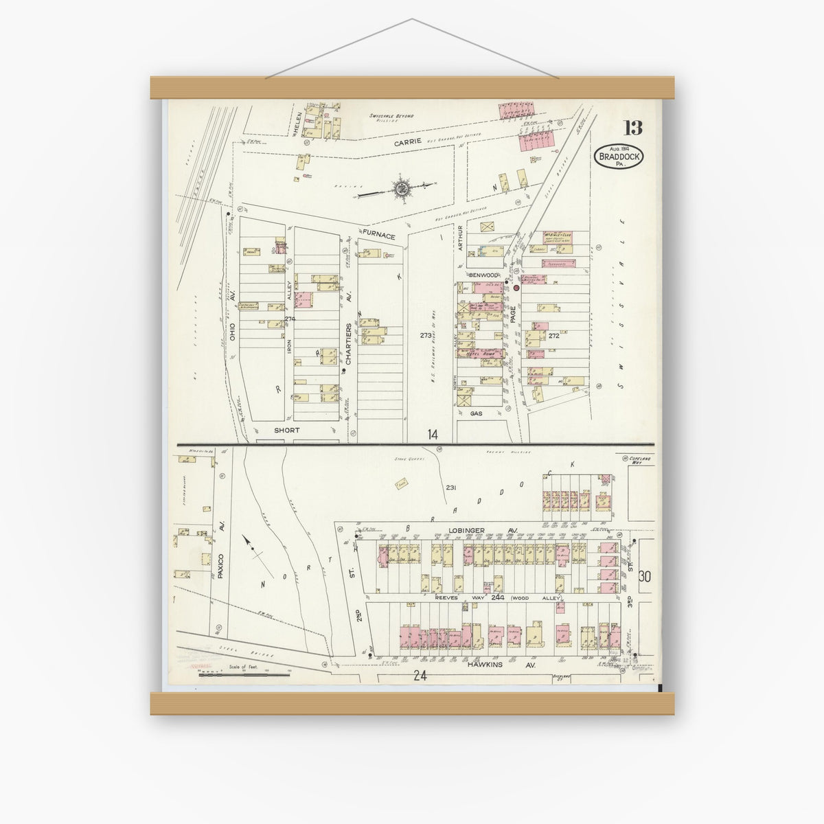 Old map wall art mockup — magnetic wood frame on white wall — Sanborn Fire Insurance Map from Braddock, Allegheny County, Pennsylvania (1914), Sheet #0013