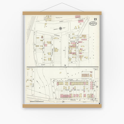 Old map wall art mockup — magnetic wood frame on white wall — Sanborn Fire Insurance Map from Braddock, Allegheny County, Pennsylvania (1914), Sheet #0013