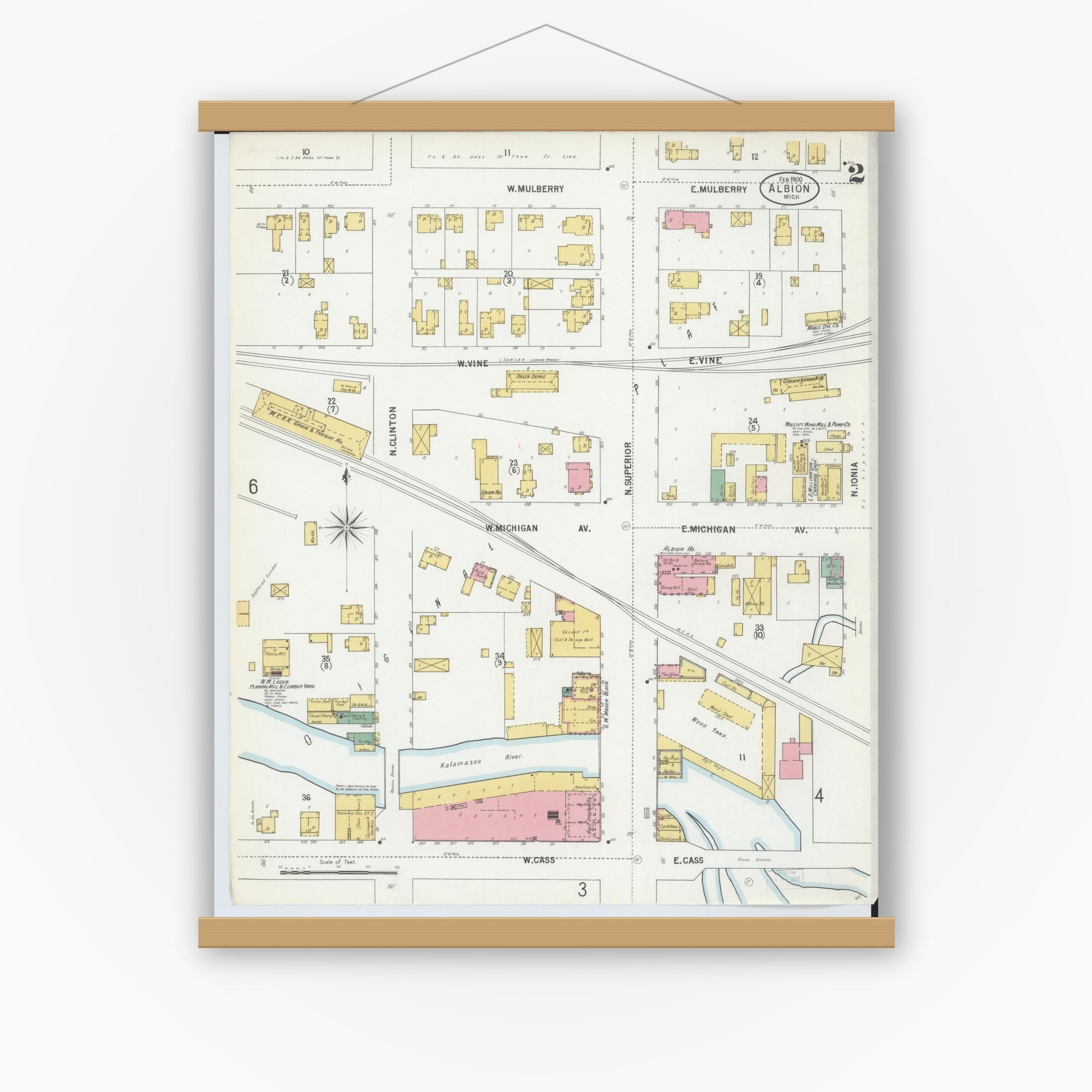 Old map wall art mockup — magnetic wood frame on white wall — Sanborn Fire Insurance Map from Albion, Calhoun County, Michigan (1900), Sheet #0002