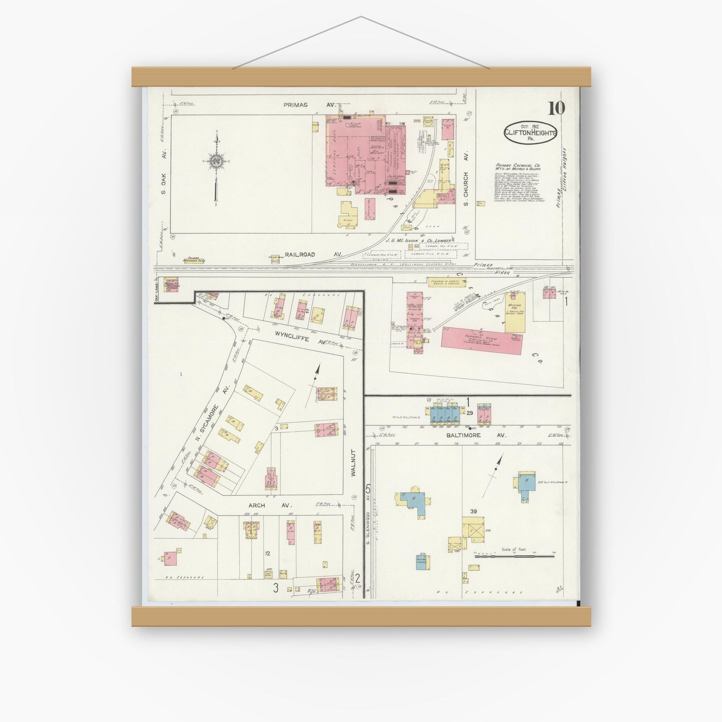 Old map wall art mockup — magnetic wood frame on white wall — Sanborn Fire Insurance Map from Clifton Heights, Delaware County, Pennsylvania (1912), Sheet #0010