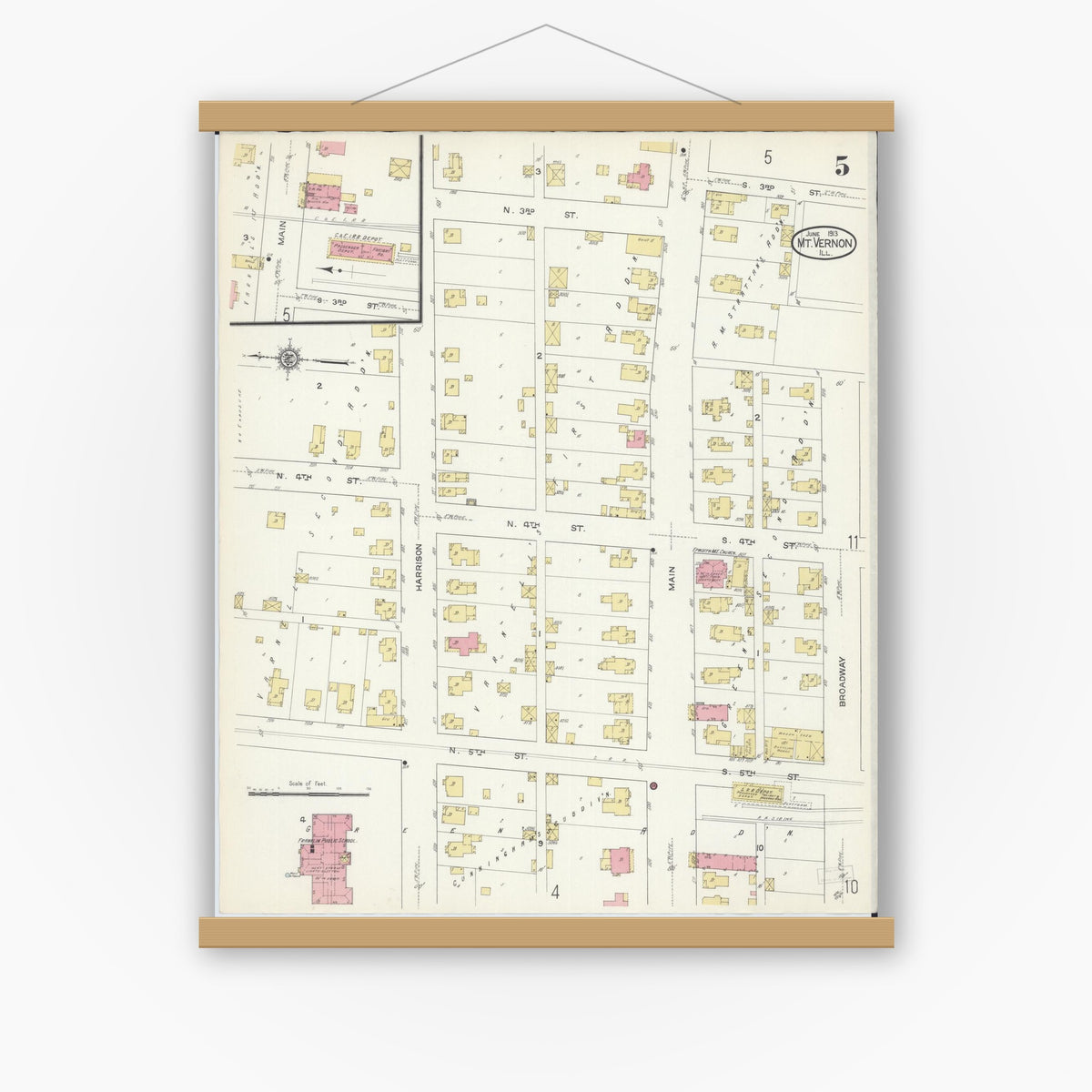 Old map wall art mockup — magnetic wood frame on white wall — Sanborn Fire Insurance Map from Mount Vernon, Jefferson County, Illinois (1913), Sheet #0005