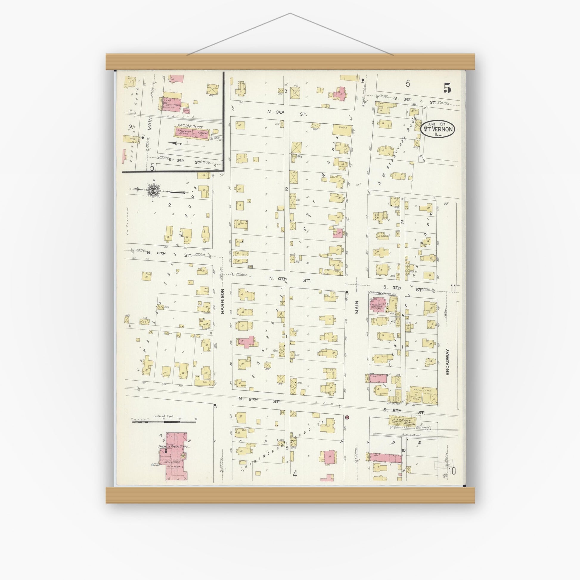 Old map wall art mockup — magnetic wood frame on white wall — Sanborn Fire Insurance Map from Mount Vernon, Jefferson County, Illinois (1913), Sheet #0005