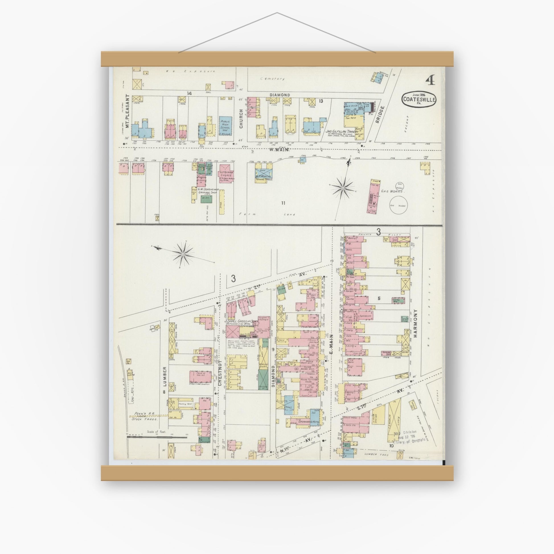 Old map wall art mockup — magnetic wood frame on white wall — Sanborn Fire Insurance Map from Coatesville, Chester County, Pennsylvania (1896), Sheet #0004