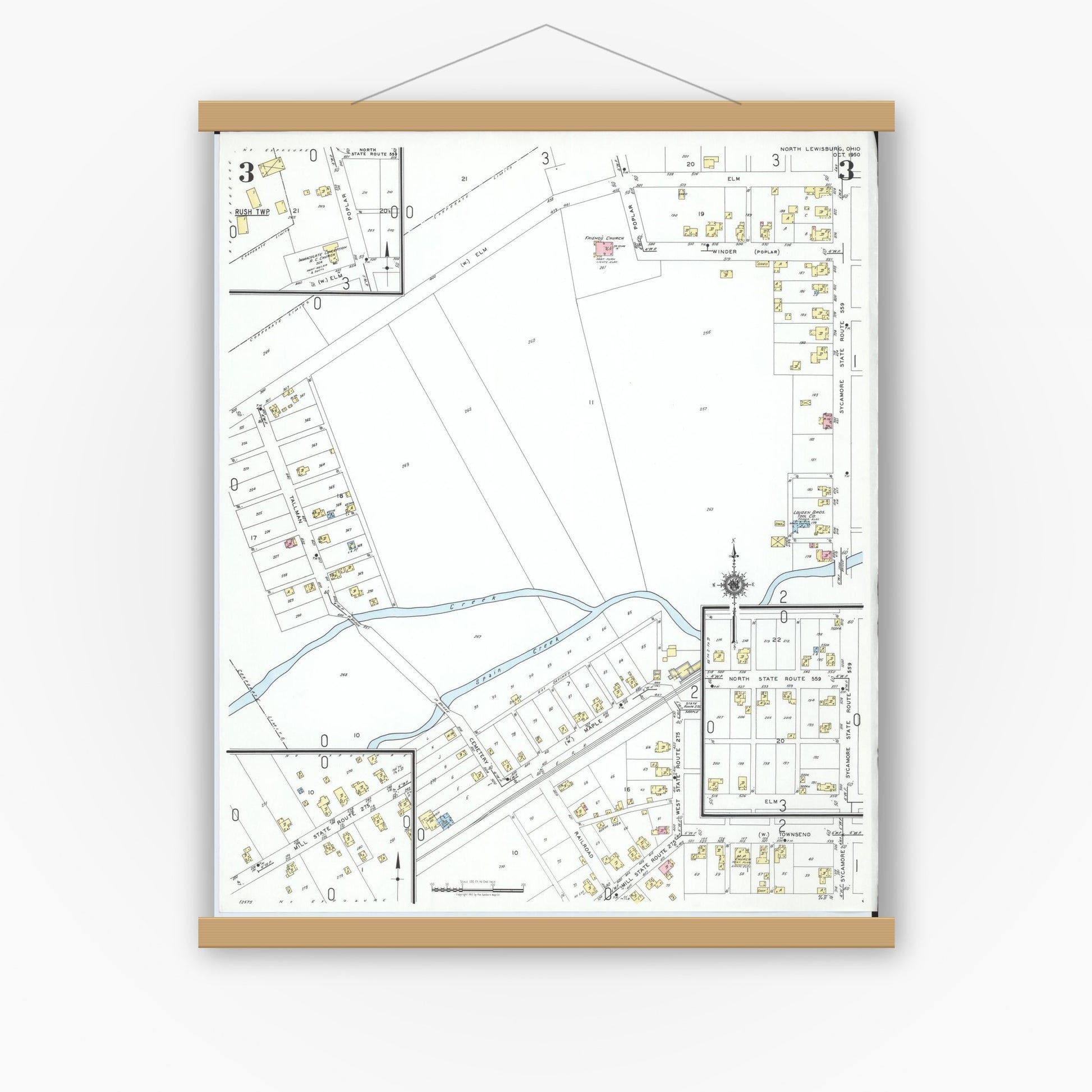 Old map wall art mockup — magnetic wood frame on white wall — Sanborn Fire Insurance Map from North Lewisburg, Champaign County, Ohio (1950), Sheet #0003