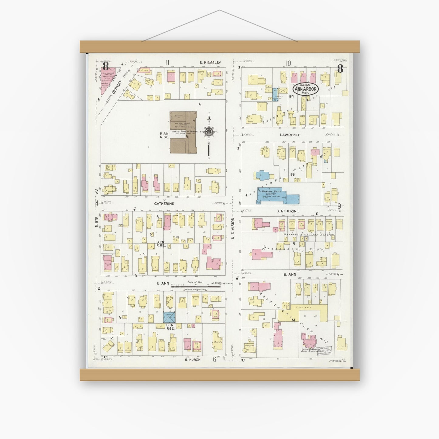 Old map wall art mockup — magnetic wood frame on white wall — Sanborn Fire Insurance Map from Ann Arbor, Washtenaw County, Michigan (1925), Sheet #0008
