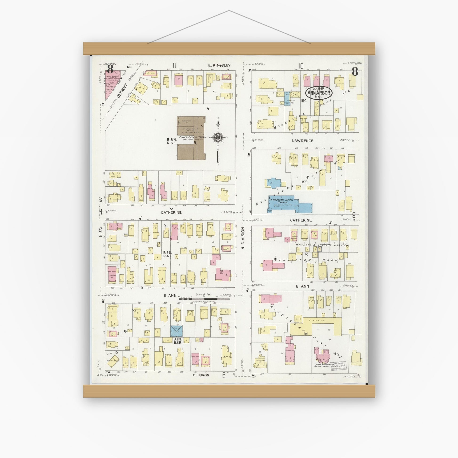 Old map wall art mockup — magnetic wood frame on white wall — Sanborn Fire Insurance Map from Ann Arbor, Washtenaw County, Michigan (1925), Sheet #0008