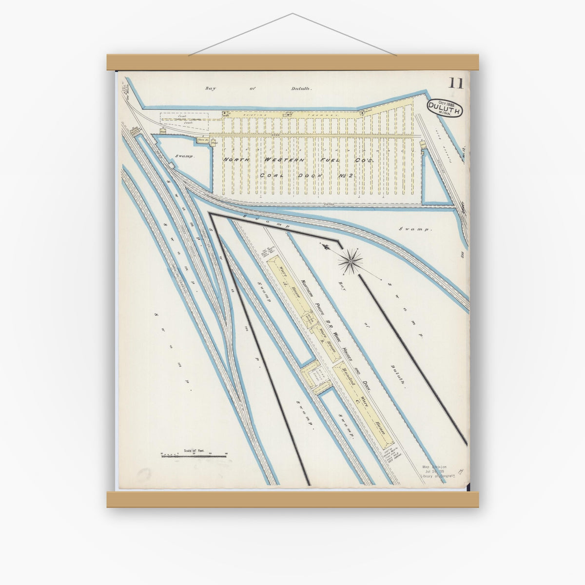 Old map wall art mockup — magnetic wood frame on white wall — Sanborn Fire Insurance Map from Duluth, Saint Louis County, Minnesota (1885), Sheet #0011
