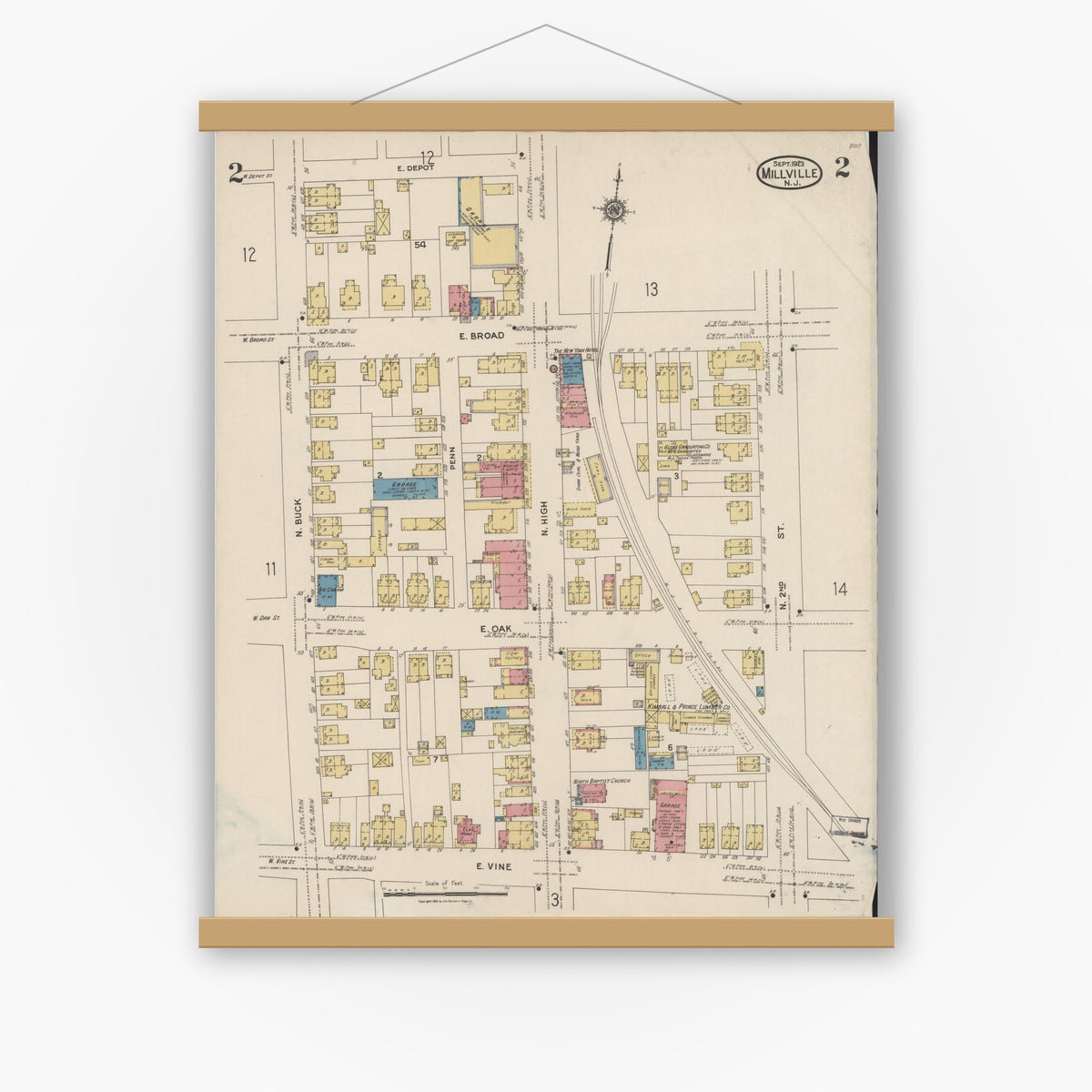 Old map wall art mockup — magnetic wood frame on white wall — Sanborn Fire Insurance Map from Millville, Cumberland County, New Jersey (1923), Sheet #0002