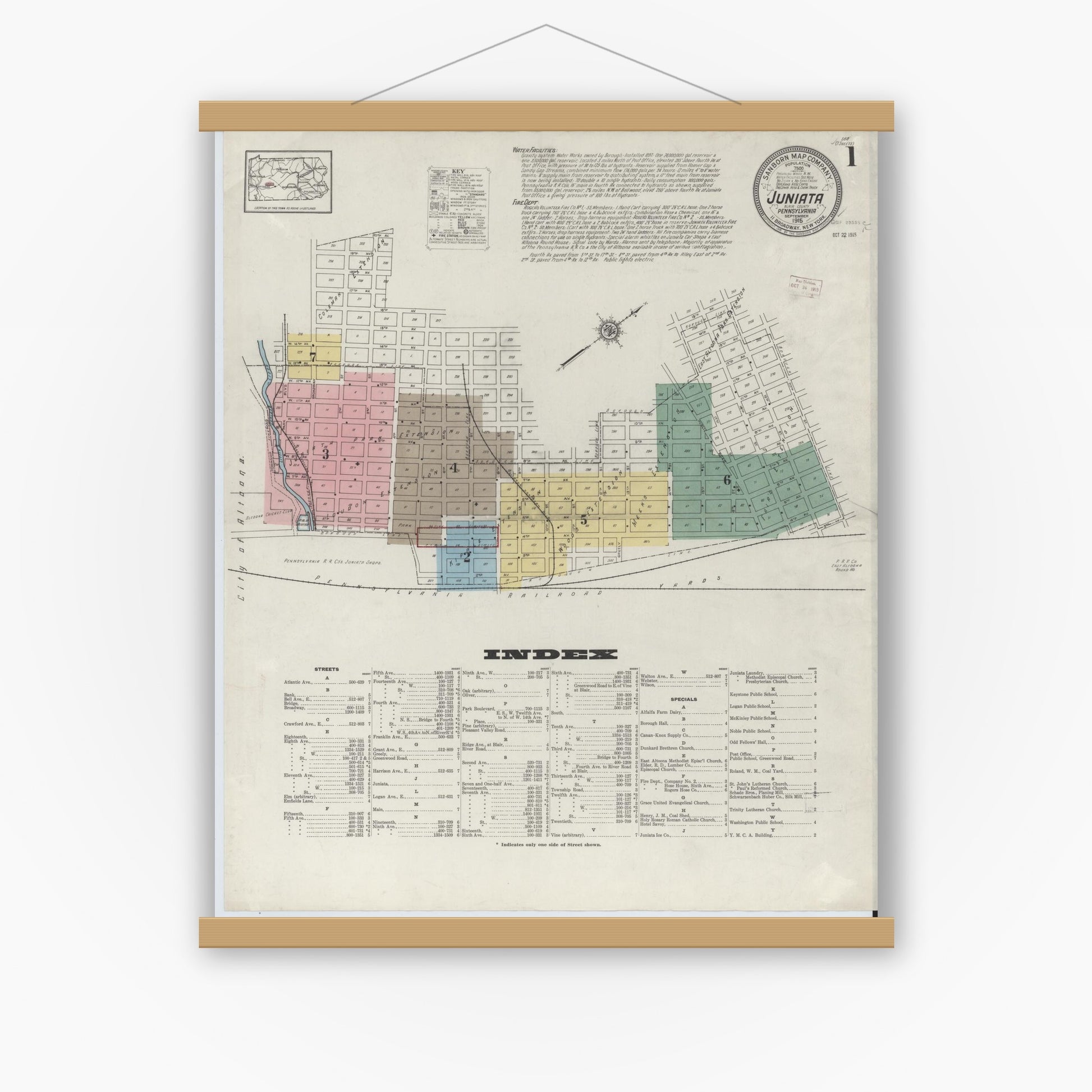 Old map wall art mockup — magnetic wood frame on white wall — Sanborn Fire Insurance Map from Juniata, Blair County, Pennsylvania (1915), Sheet #0001