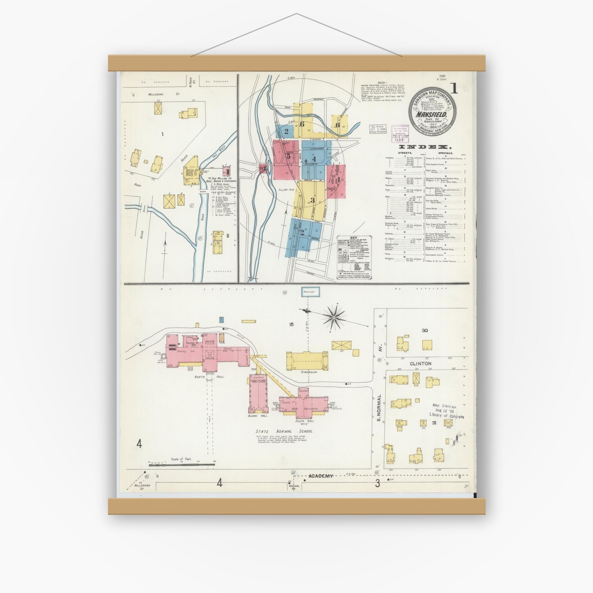 Old map wall art mockup — magnetic wood frame on white wall — Sanborn Fire Insurance Map from Mansfield, Tioga County, Pennsylvania (1904) - Complete Map Set