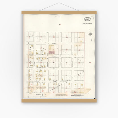 Old map wall art mockup — magnetic wood frame on white wall — Sanborn Fire Insurance Map from Bartlett, Bell and Williamson Counties, Texas (1940), Sheet #0007