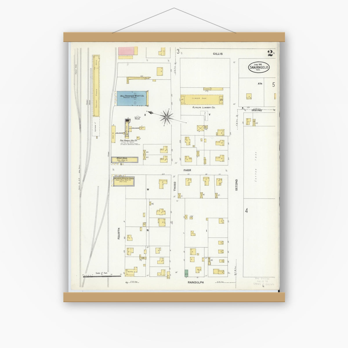 Old map wall art mockup — magnetic wood frame on white wall — Sanborn Fire Insurance Map from San Angelo, Tom Green County, Texas (1908), Sheet #0002