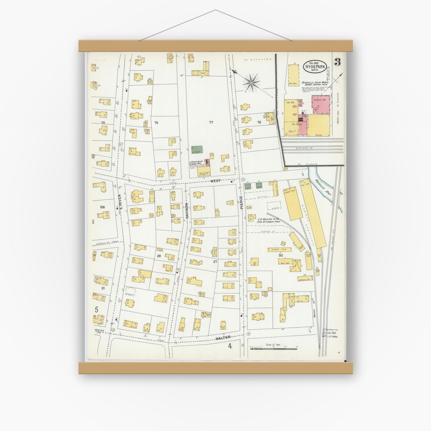 Old map wall art mockup — magnetic wood frame on white wall — Sanborn Fire Insurance Map from Hyde Park, Norfolk County, Massachusetts (1900), Sheet #0003