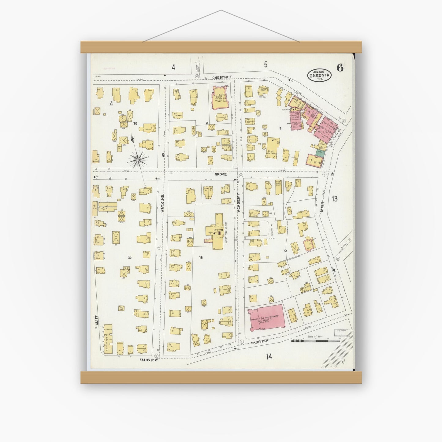 Old map wall art mockup — magnetic wood frame on white wall — Sanborn Fire Insurance Map from Oneonta, Otsego County, New York (1905), Sheet #0006