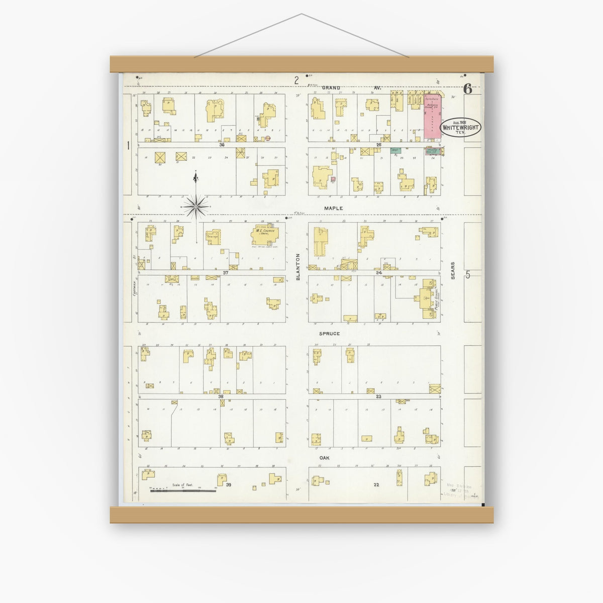 Old map wall art mockup — magnetic wood frame on white wall — Sanborn Fire Insurance Map from Whitewright, Grayson County, Texas (1905), Sheet #0006