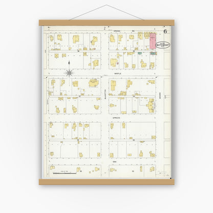 Old map wall art mockup — magnetic wood frame on white wall — Sanborn Fire Insurance Map from Whitewright, Grayson County, Texas (1905), Sheet #0006