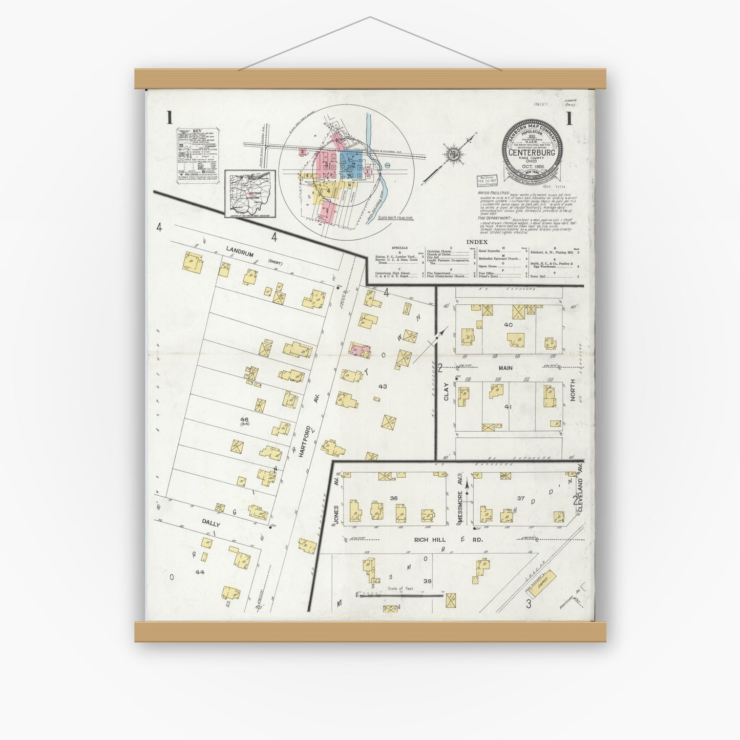 Old map wall art mockup — magnetic wood frame on white wall — Sanborn Fire Insurance Map from Centerburg, Knox County, Ohio (1926), Sheet #0001