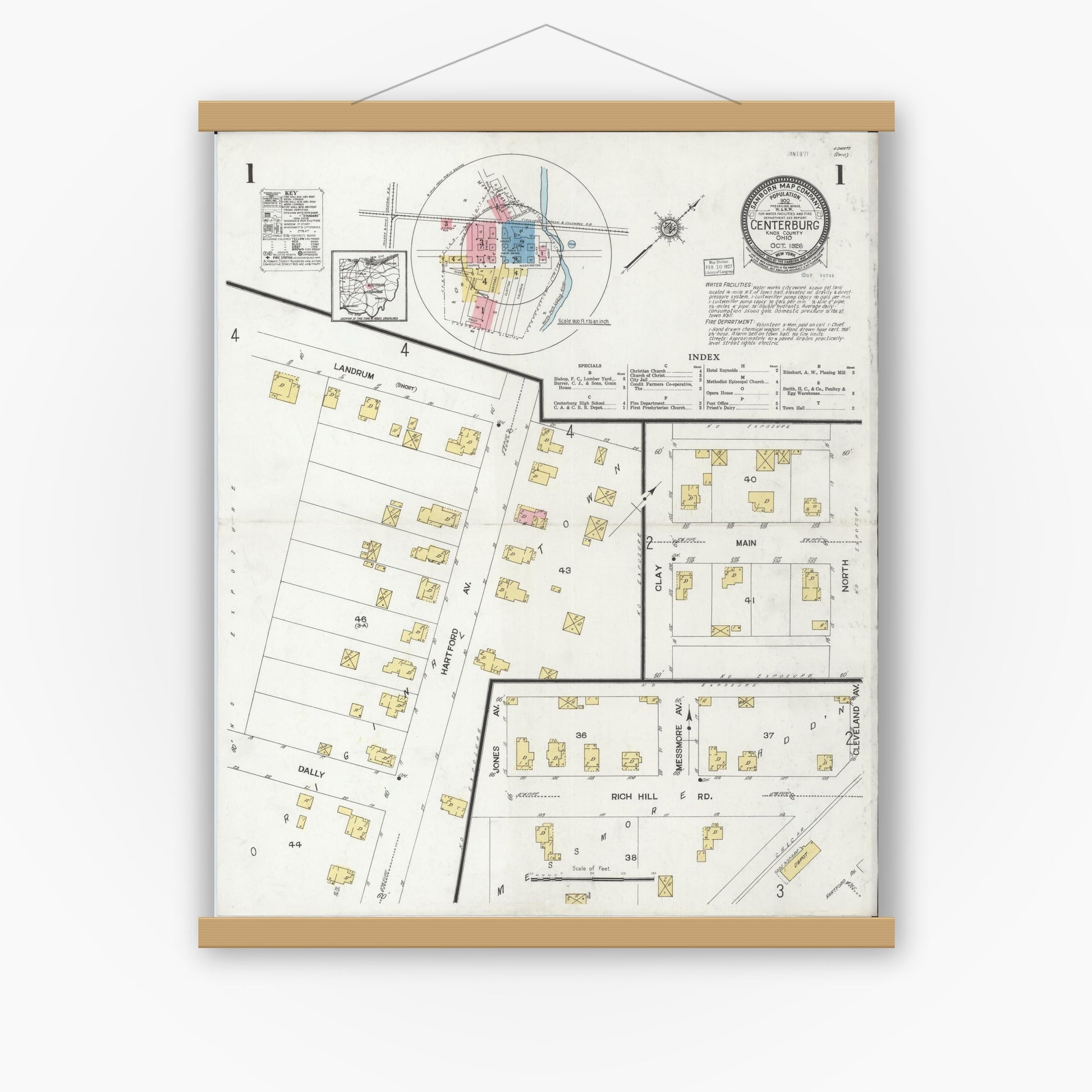Old map wall art mockup — magnetic wood frame on white wall — Sanborn Fire Insurance Map from Centerburg, Knox County, Ohio (1926), Sheet #0001