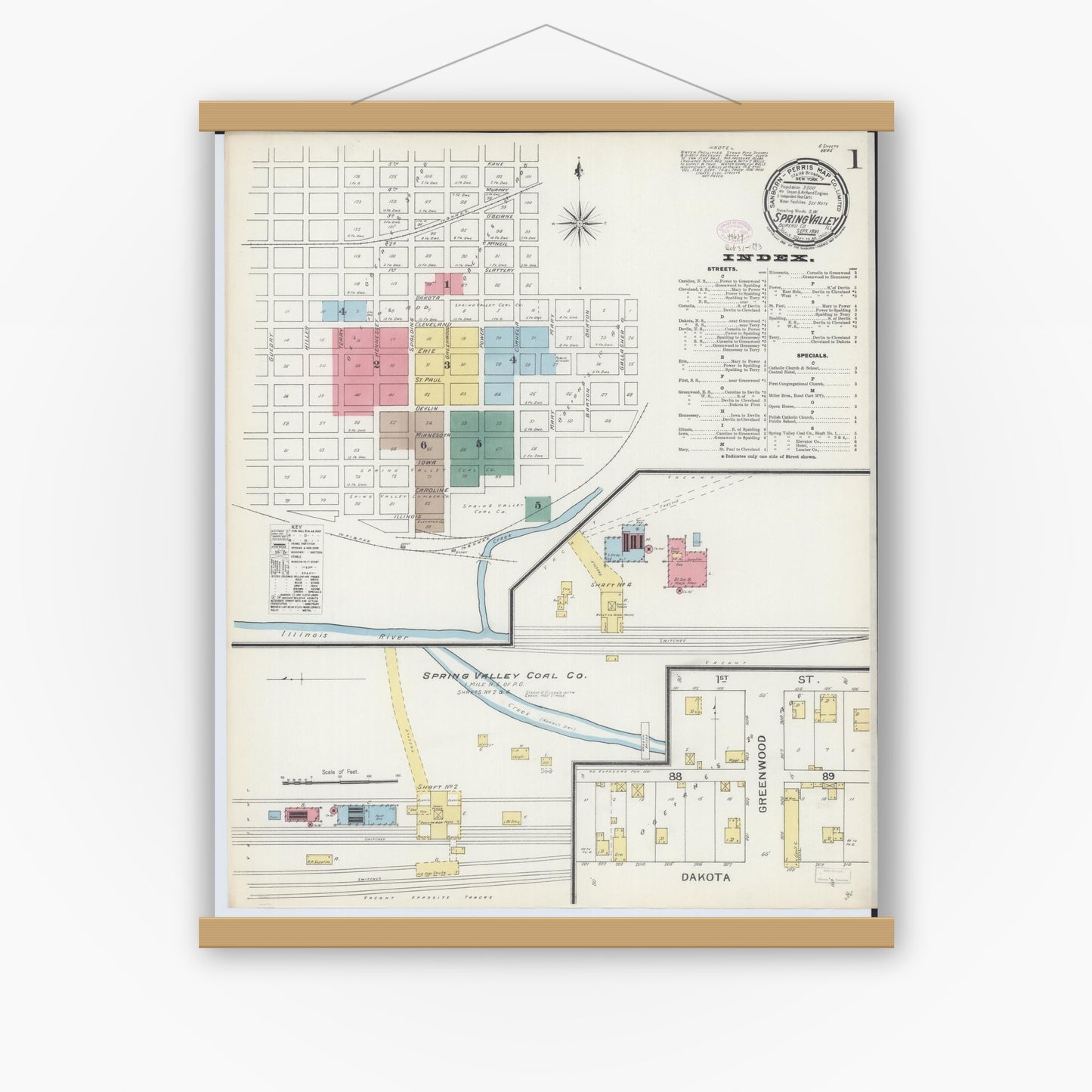 Old map wall art mockup — magnetic wood frame on white wall — Sanborn Fire Insurance Map from Spring Valley, Bureau County, Illinois (1893) - Complete Map Set