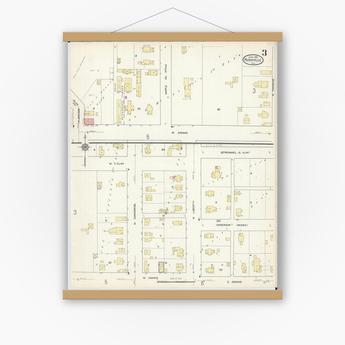Old map wall art mockup — magnetic wood frame on white wall — Sanborn Fire Insurance Map from Rushville, Schuyler County, Illinois (1913), Sheet #0003