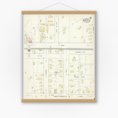 Old map wall art mockup — magnetic wood frame on white wall — Sanborn Fire Insurance Map from Rushville, Schuyler County, Illinois (1913), Sheet #0003