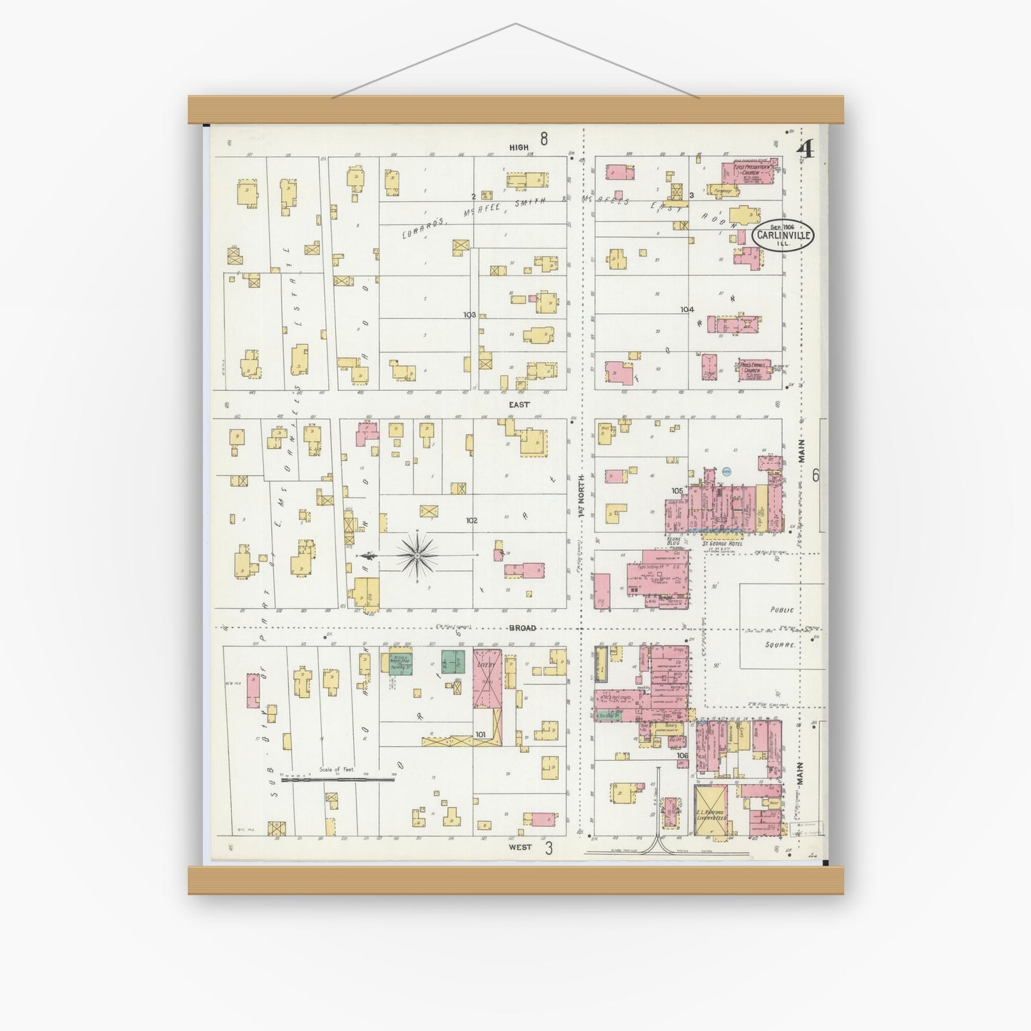 Old map wall art mockup — magnetic wood frame on white wall — Sanborn Fire Insurance Map from Carlinville, Macoupin County, Illinois (1906), Sheet #0004
