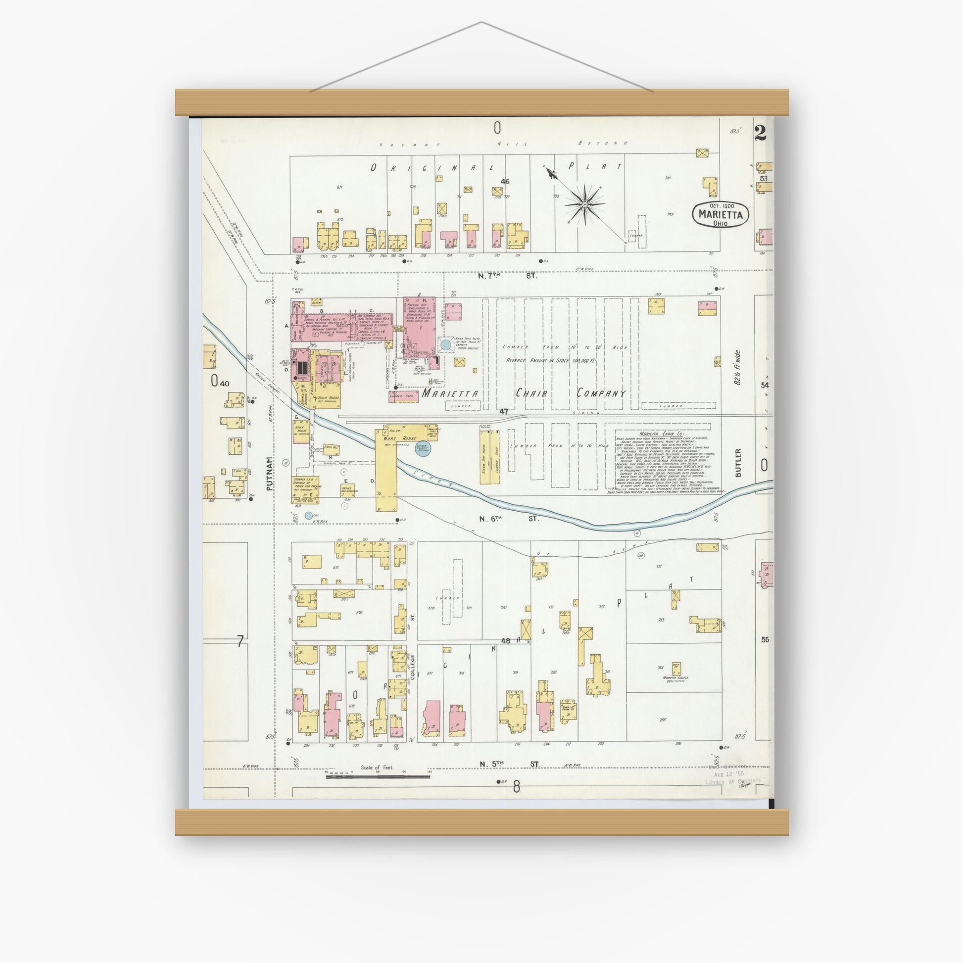 Old map wall art mockup — magnetic wood frame on white wall — Sanborn Fire Insurance Map from Marietta, Washington County, Ohio (1900), Sheet #0002